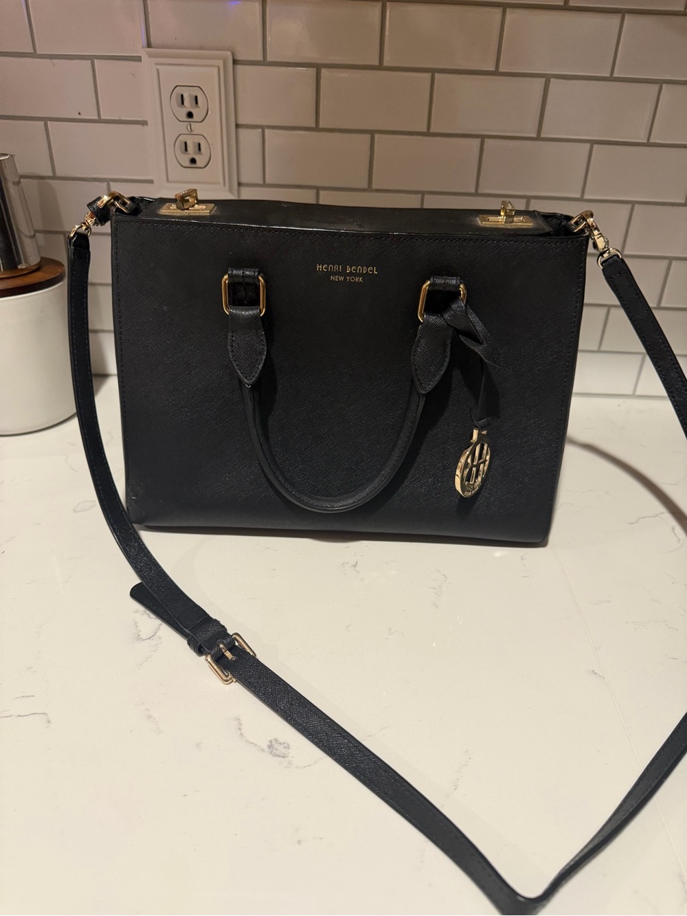 henri bendel Black Leather Satchel with Gold Accents